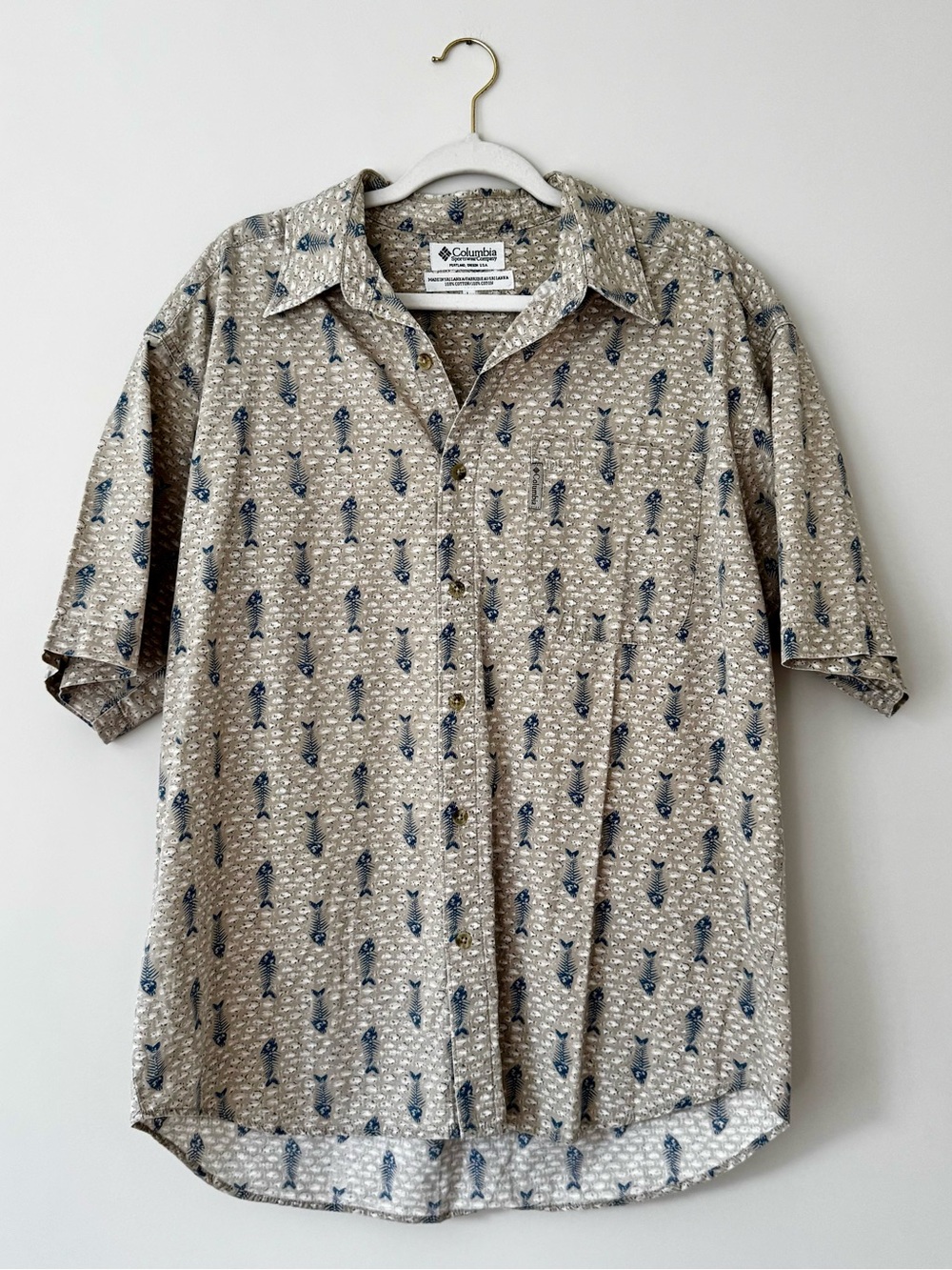 Columbia Vintage 100% Cotton Fish Bone Print Button Down, Beige / Blue – Large